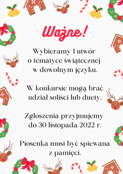 Plakat informujący o mikołajkowym konkursie piosenki świątecznej Christmas song.